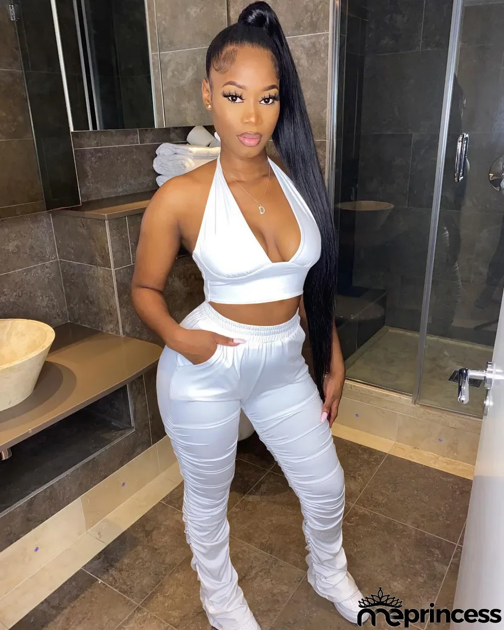 Sexy Solid Halter Low Back Crop Vest Pleated Pants Two Piece Set