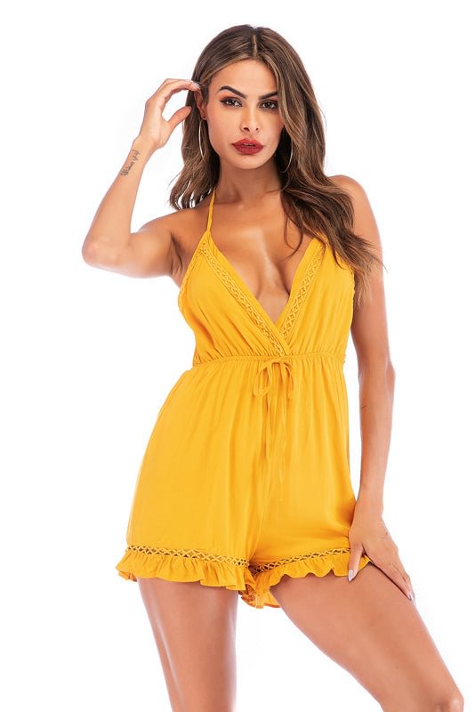 Deep V Neck Halter Ruffled Hem Romper - Life is Beautiful for You - SheChoic