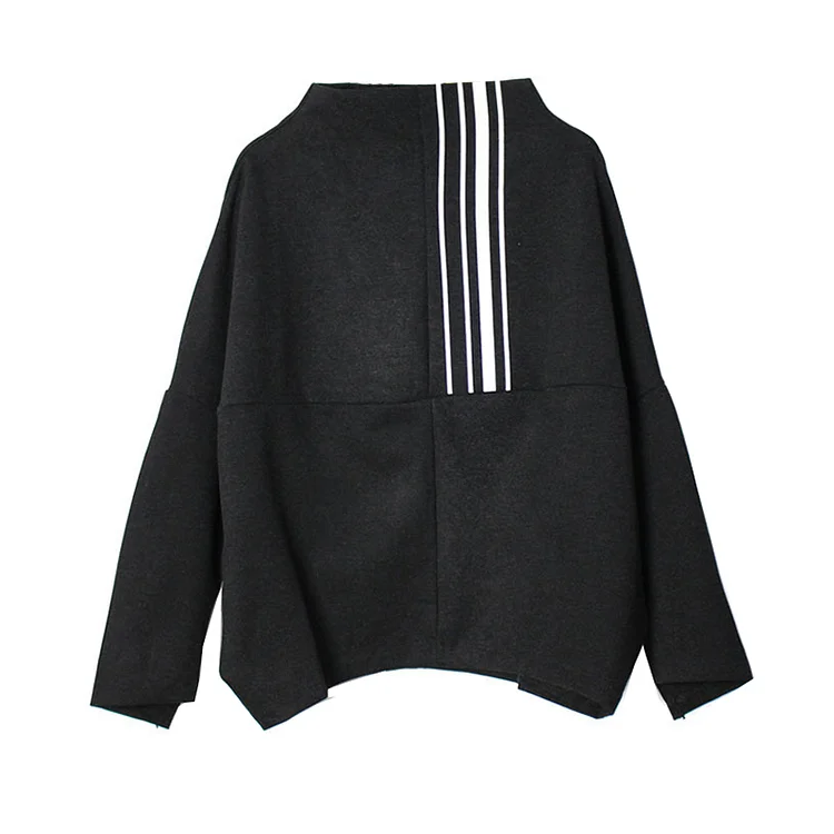 Casual Loose Stand-up Collar Asymmetrical Striped Printed Long Sleeve Sweatshirt   