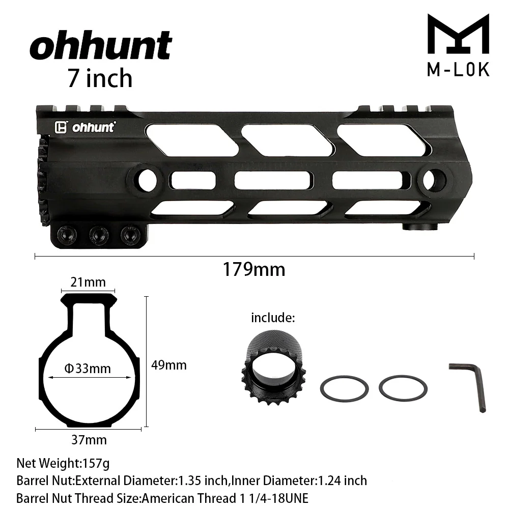 ohhunt Super Slim Lightweight Free Float M-LOK Handguard with Steel Barrel Nut