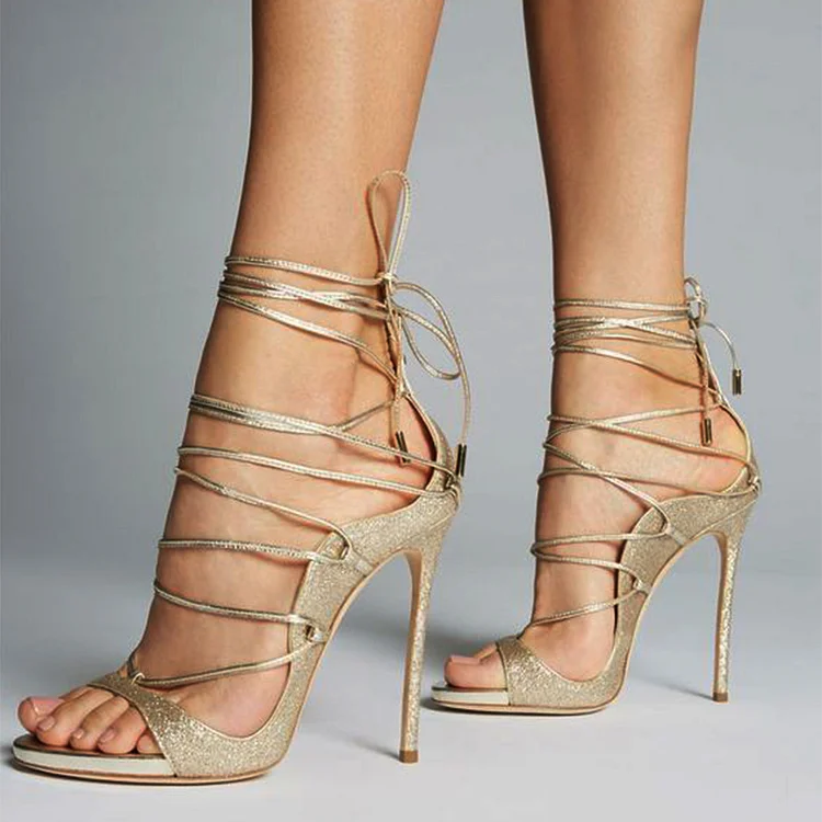 Gold Strappy Heels Open Toe Glitter Stiletto Evening Sandals |FSJ Shoes