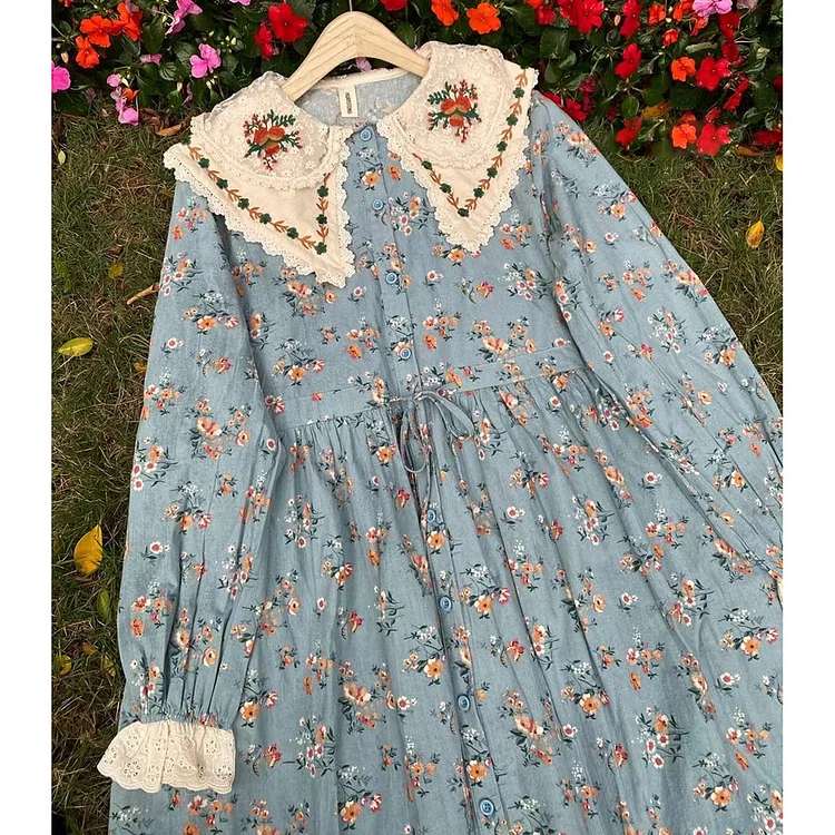 Queenfunky cottagecore style Cotton Vintage Floral Print Dress QueenFunky