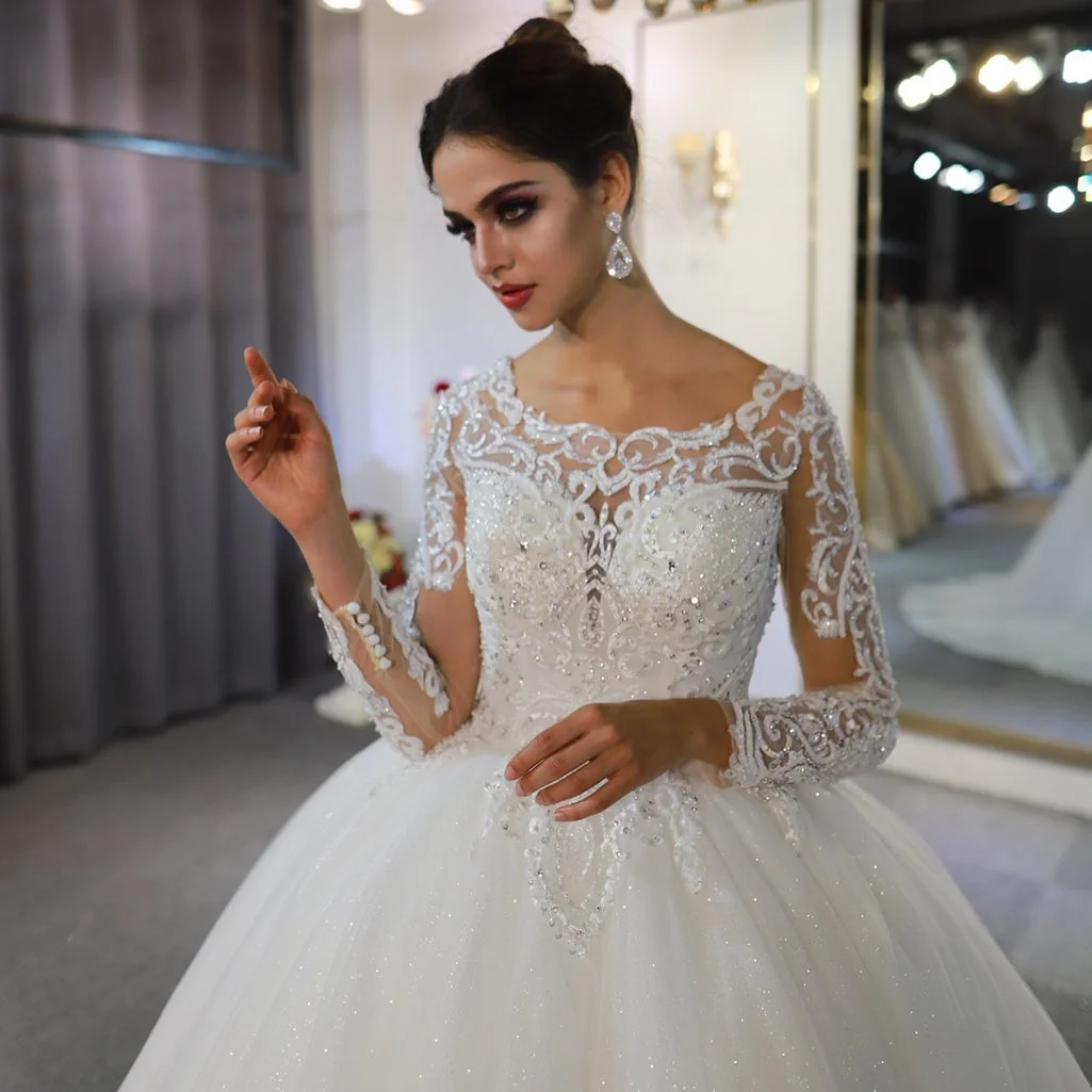 Daisda Gorgeous A-Line Bateau Long Sleeves Floor-length Wedding Dress With Appliques Lace Sequins
