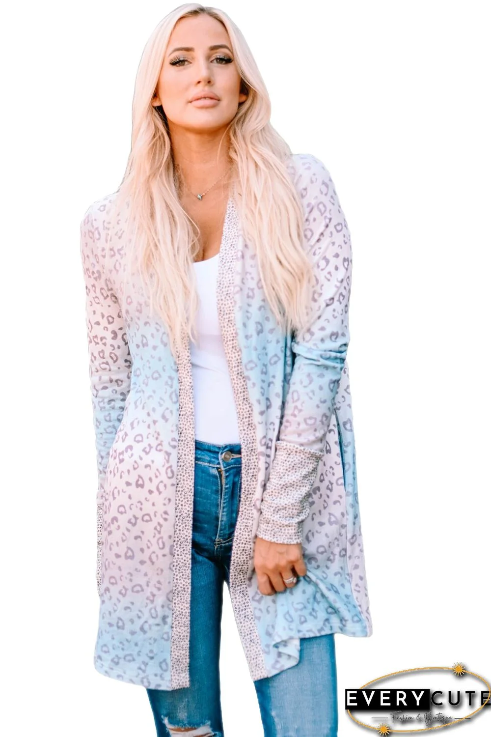 Multicolor Gradient Leopard Open Front Cardigan
