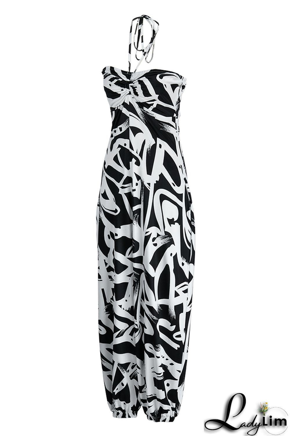 Blue Fashion Sexy Casual Print Backless Strapless Regular Jumpsuits