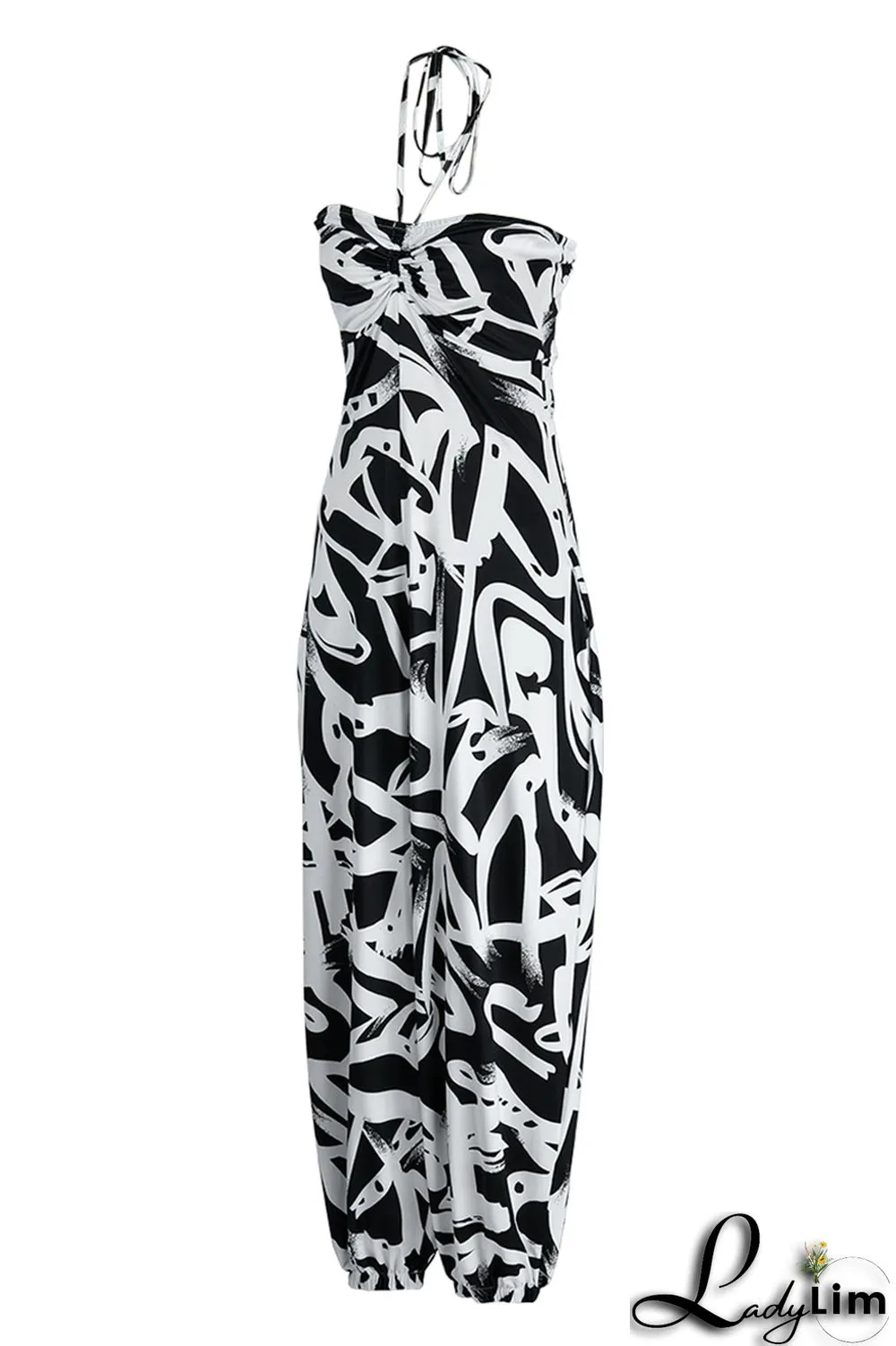 Blue Fashion Sexy Casual Print Backless Strapless Regular Jumpsuits
