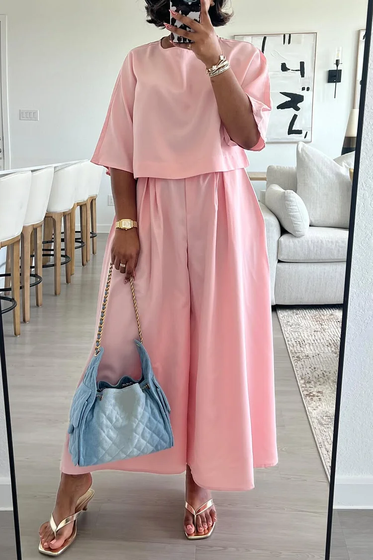 Plus Size Vacation Pink Round Neck Short Sleeve Pocket Casual Wide Leg Two Piece Pant Sets [Pre-Order] 2024 - Xpluswear