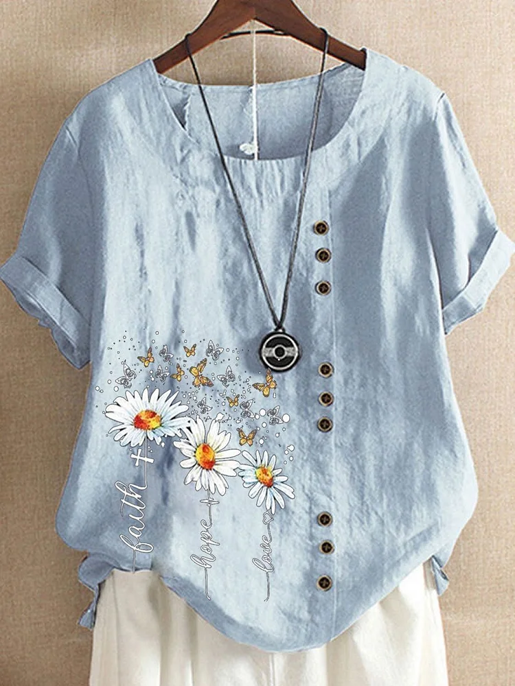 Retro cotton linen daisy flower loose casual shirt short sleeve women socialshop