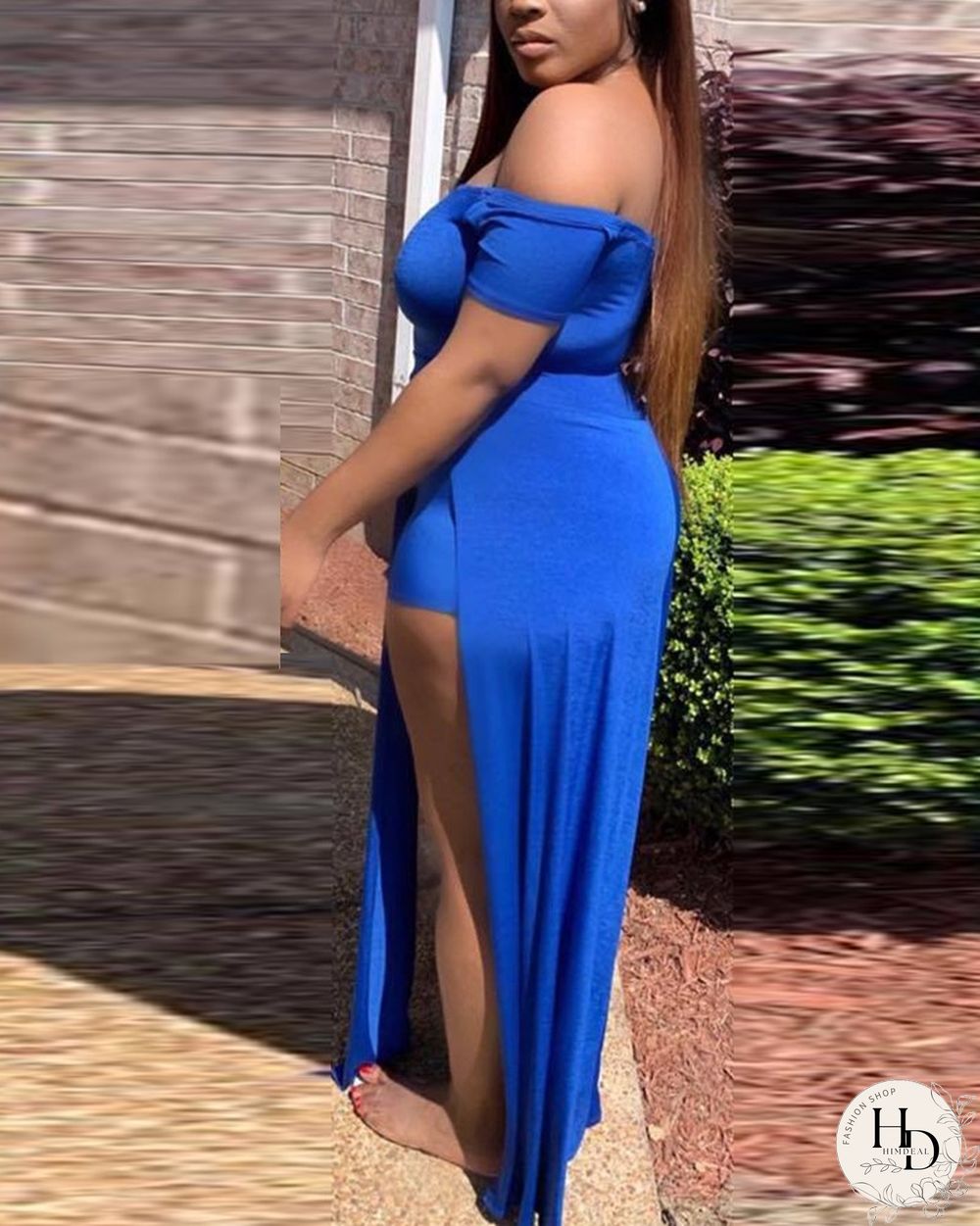 Solid Color Off Shoulder Split Romper