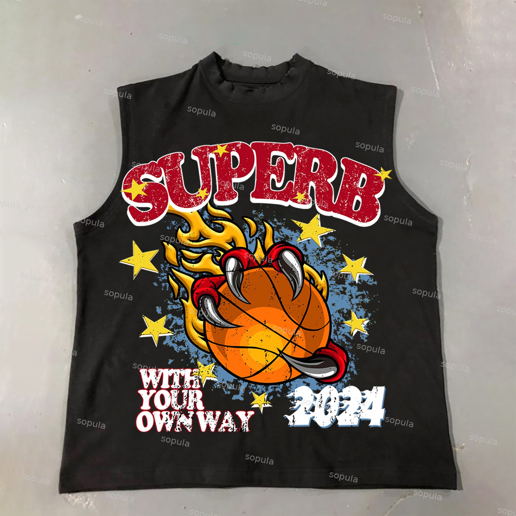 Men's Casual Street Basketball Fire Print Cotton Tank Top - SOPULA