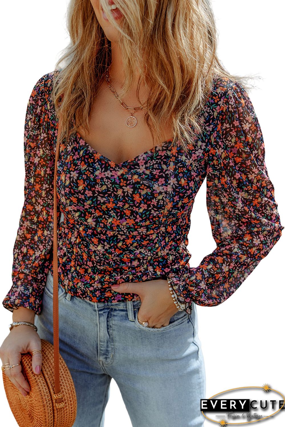 Black V Neck Bubble Sleeve Floral Blouse