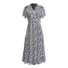 Plus Size Ditsy Floral Print Ruffle Stitching V Neck Tunic Midi Dress
