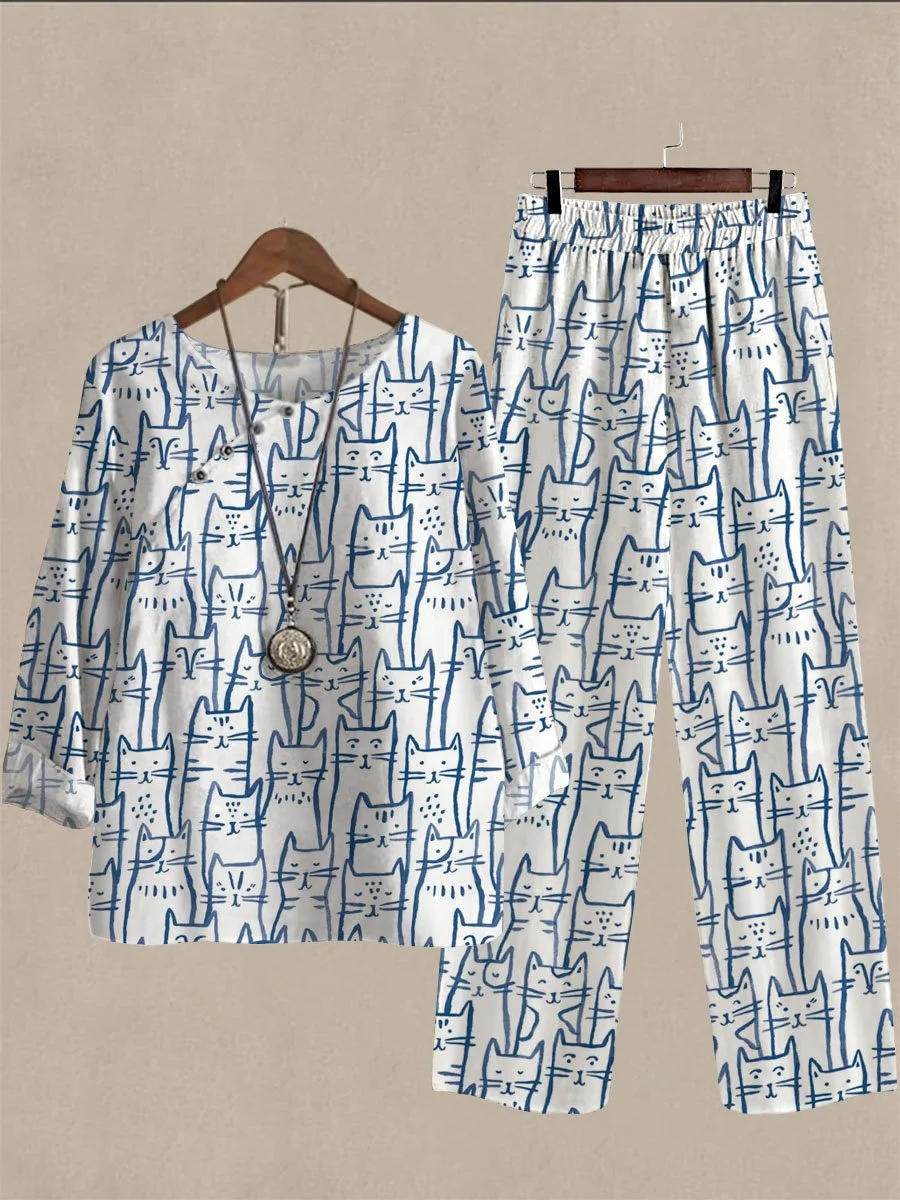 Spring And Autumn Cartoon Cat Print Casual Two-piece Suits