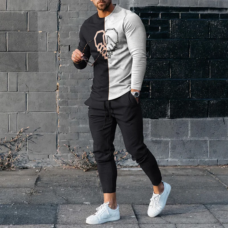 Black And White Color Handshake Print Long Sleeve T-Shirt And Pants