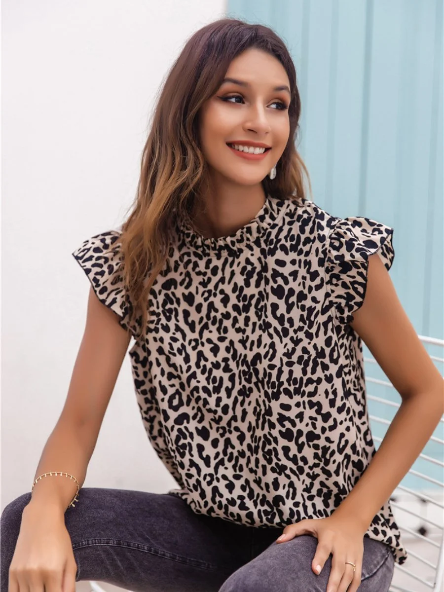 Women's Blouses Leopard Cape Sleeve Round Neck Blouse Top