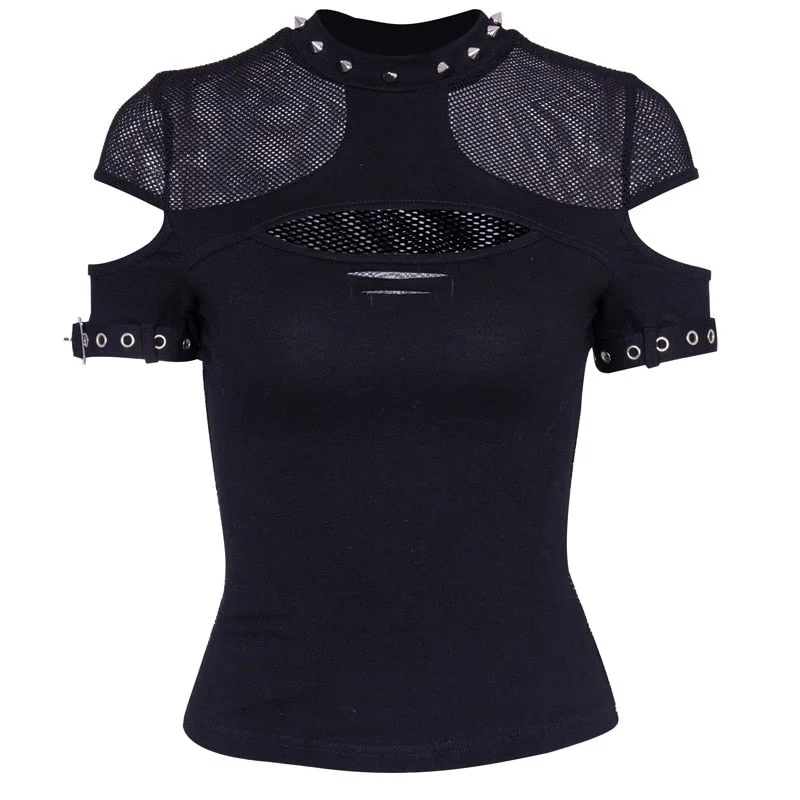 InsGoth Women T-shirts Gothic Punk Chix Black T-shirts Casual Slim Mesh Hole Rivet Sexy Short Sleeve Top Hip Hop Female Goth Top