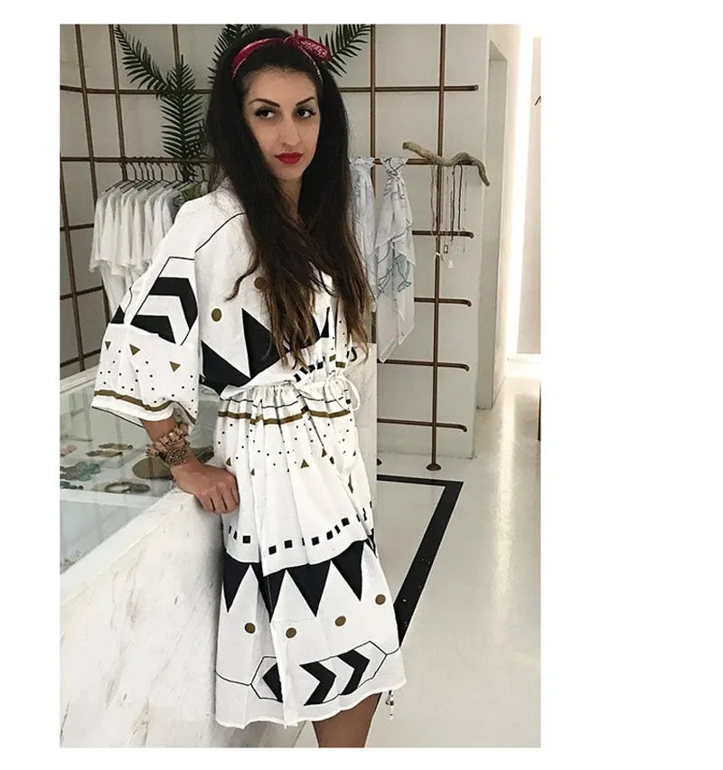 Fitshinling Side slit beach cover up boho geometric sexy hot robe swimwear output long blouse shirt drawstring waist cover-ups