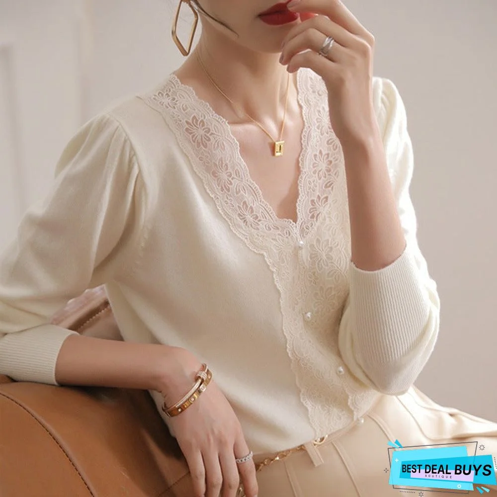 V-Neck Lace Stitching Long Sleeve Sweater