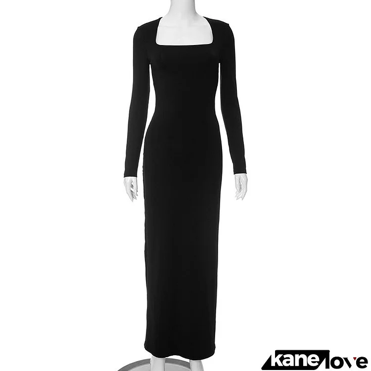 Women Solid Color Casual Square Collar Long Sleeve Bodycon Maxi Dress