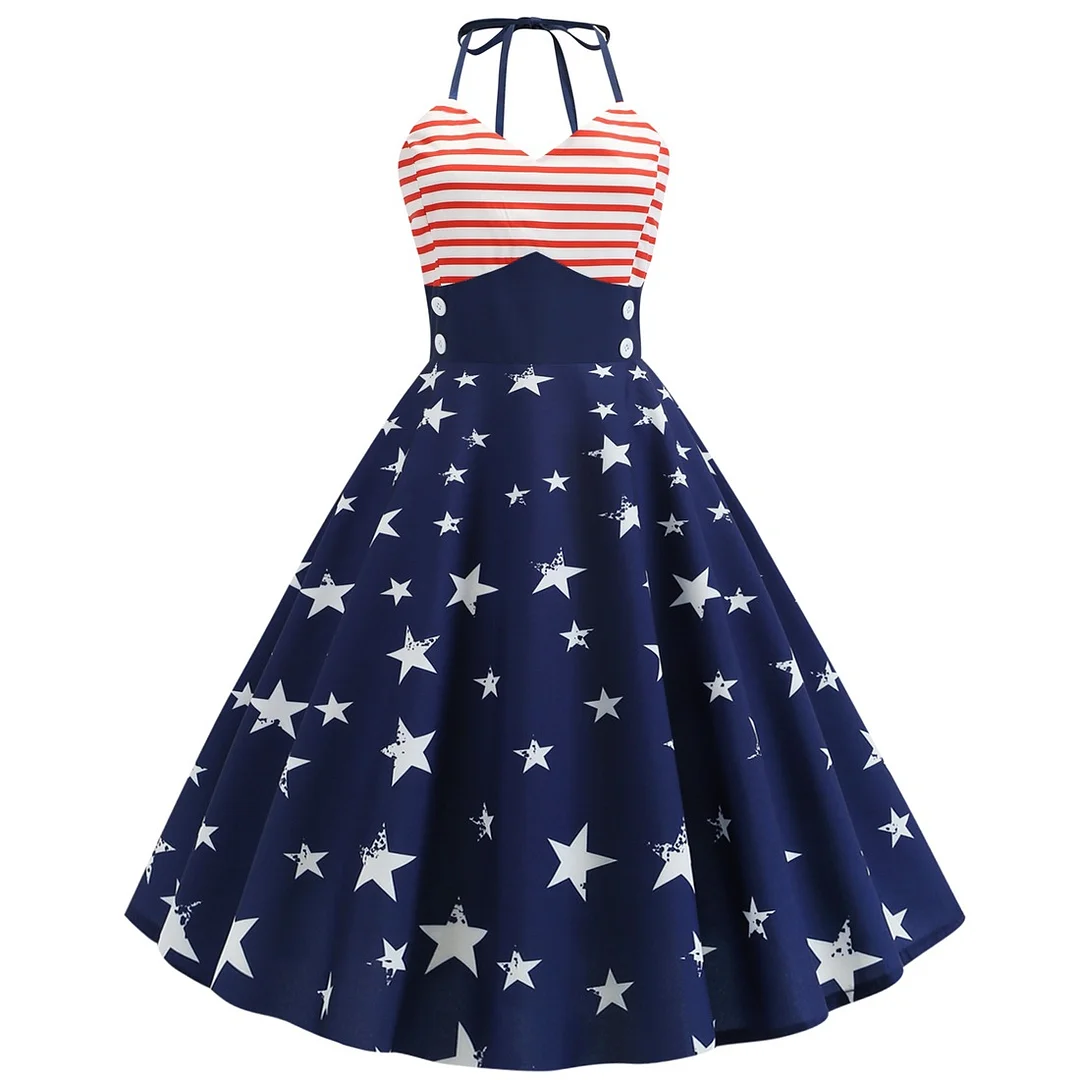 Vintage Hanging Neck Stripe Star Print Dress