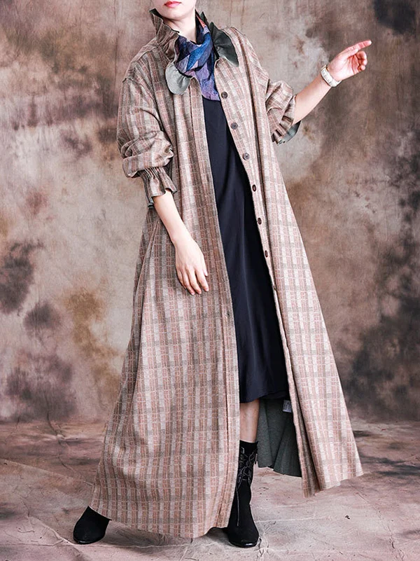 Lace-Sleeve Falbala Plaid Long Coat