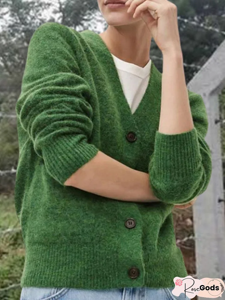 Green Casual Buttoned Knitted Cardigan