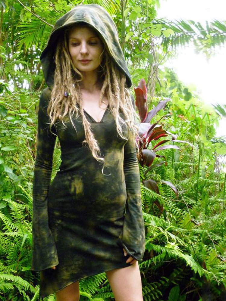 Tie Dye V Neck Hooded Asymmetric Mini Dress