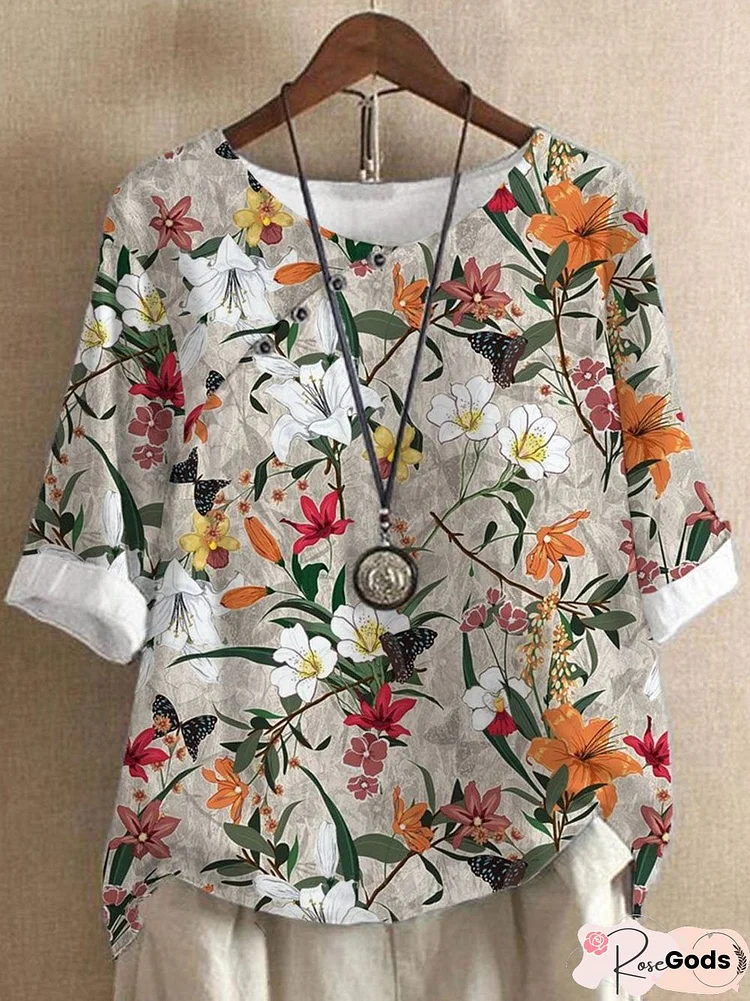 Floral Crew Neck Buttoned Tops