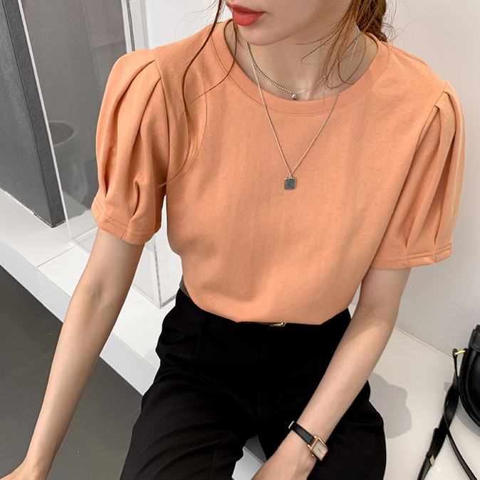T-Shirts Women Folds Puff Sleeve Tops Tees Casual Solid Comfortable Fashion Students Elegant Ladies Classy Girls Tender Ulzzang
