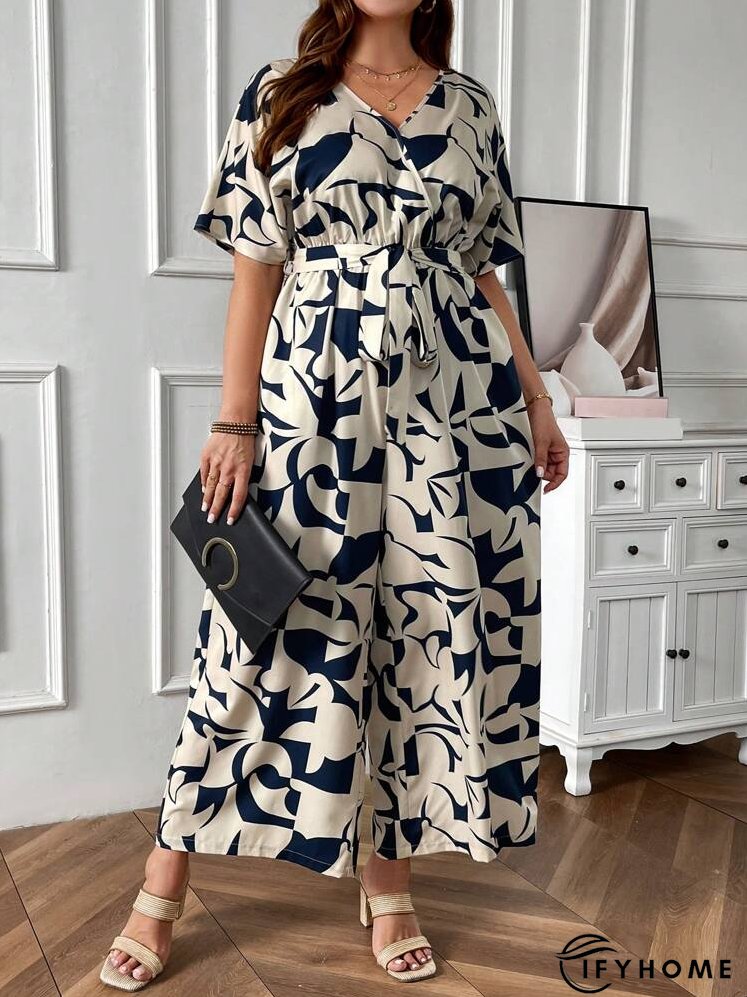 Plus Size Summer Casual Jumpsuit With Random Print And Batwing Sleeves | IFYHOME