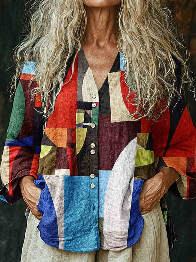 Womens Retro Geometric Pattern Long Sleeve Comfortable Cotton And Linen Shirt
