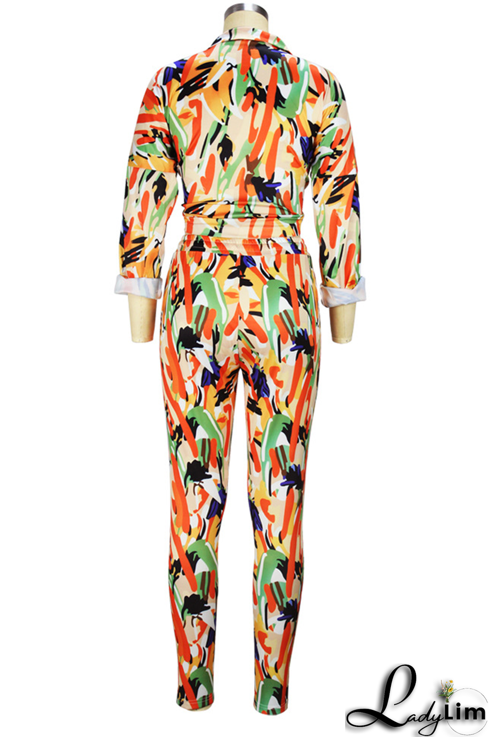 Orange Fashion Print Patchwork Turndown Collar Long Sleeve Two Pieces
