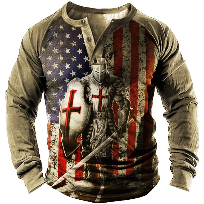 American Flag Templar Jesus Cross Vintage Print Henley Men's Long Sleeves T-Shirt-Compassnice®