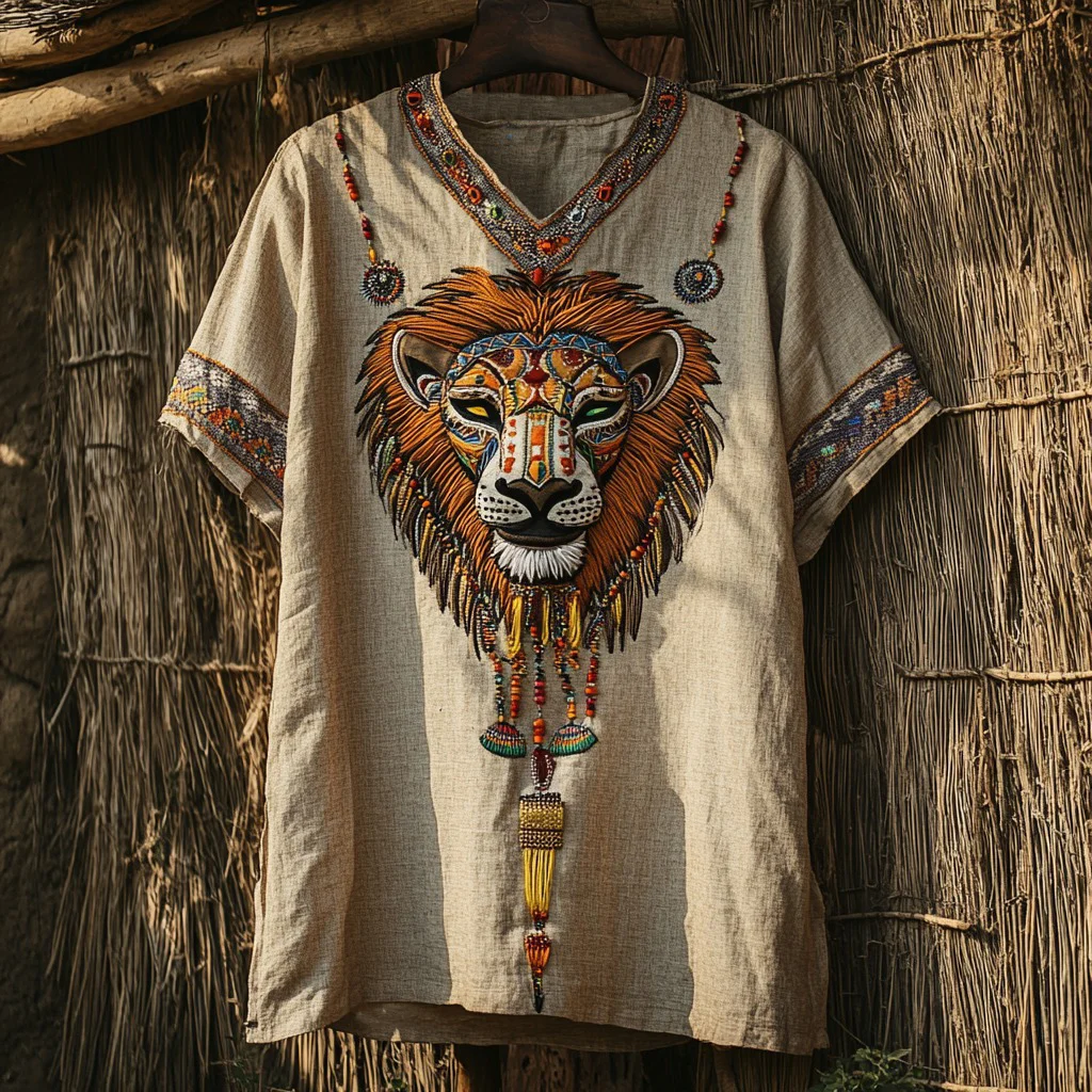 Men's Egyptian African Lion Geometric Juneteenth Art Print Linen T-shirt / Rvogue / Rvogue