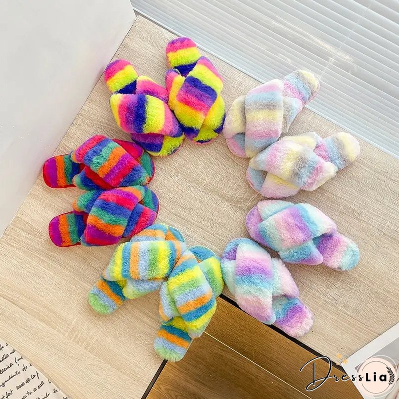 Paziye Colorful Plush Cross Plush Slippers
