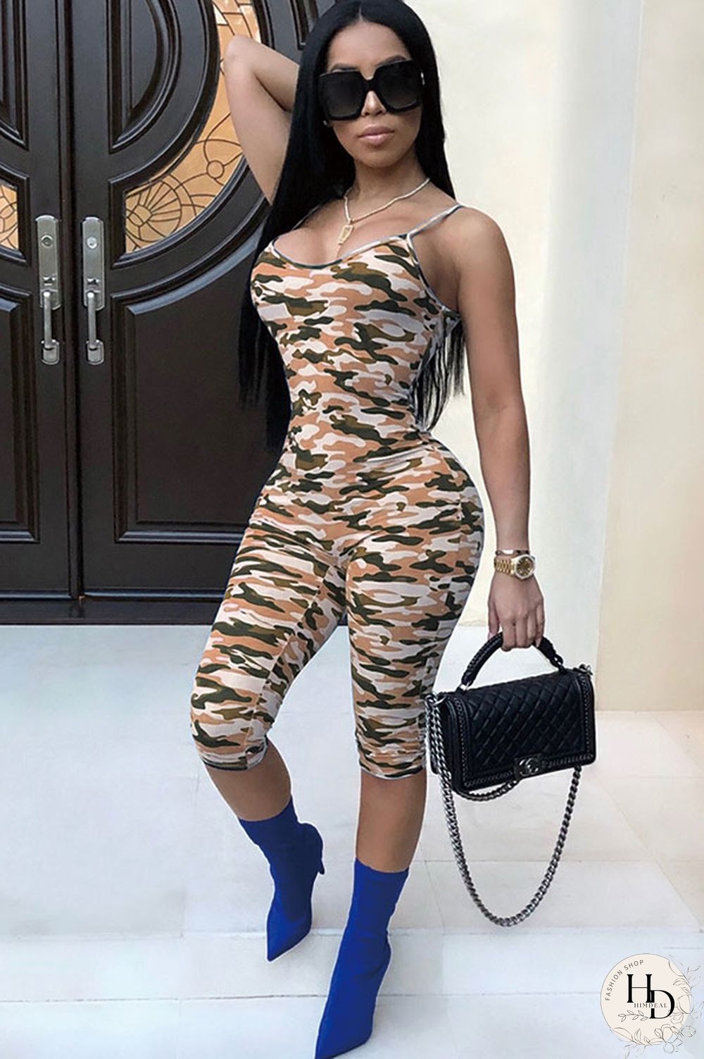 Yellow Fashion Sexy Print Camouflage Patchwork Sleeveless Slip Rompers