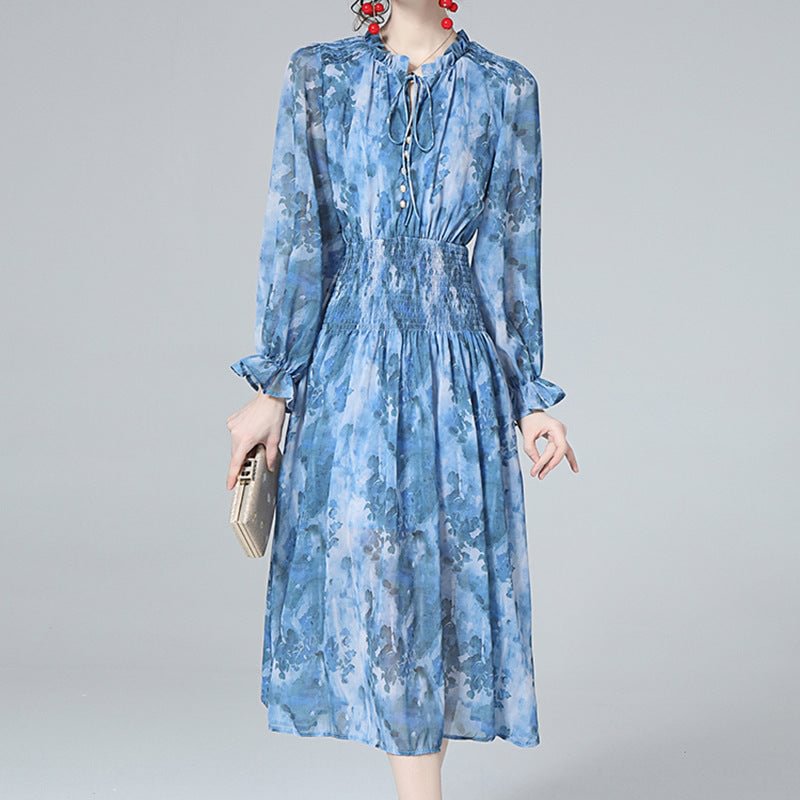 Spring French Minority Elegant Printed Gentle And Slim-fit Chiffon Dress For Women