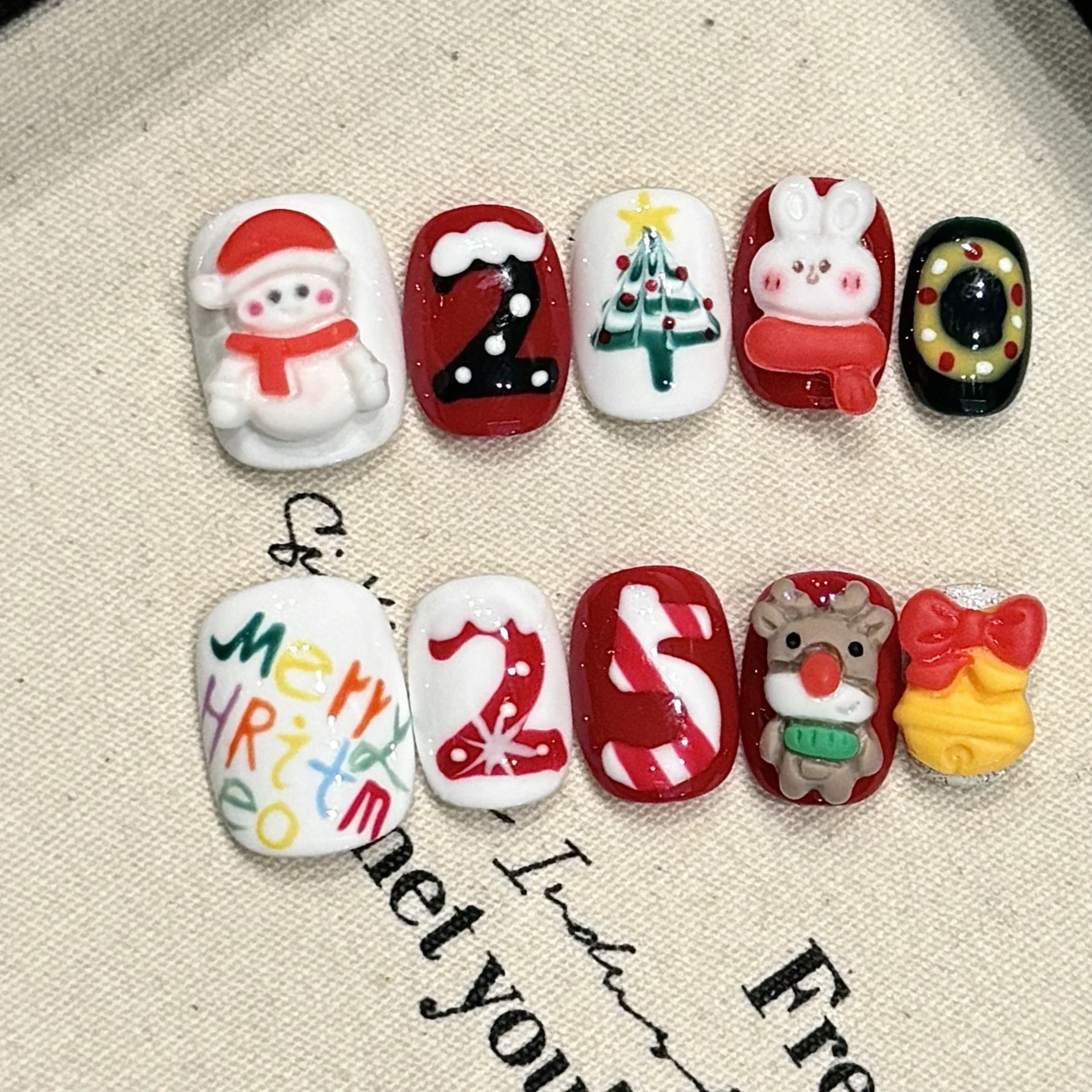 Alccn 10Pcs Red Handmade Press on Nails Full Cover Snowflake Cute Snowman French Rhinestone Short Square Wearable False Nail Christmas