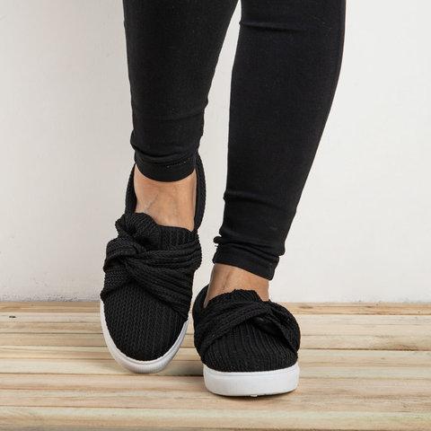 Women Knitted Bow-knot Twist Flat Slip On Loafers