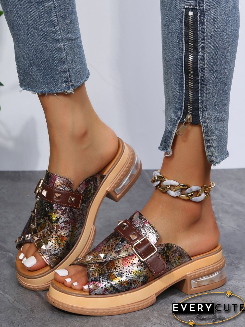 Urban Studded Snake Print Chunky Heel Slippers