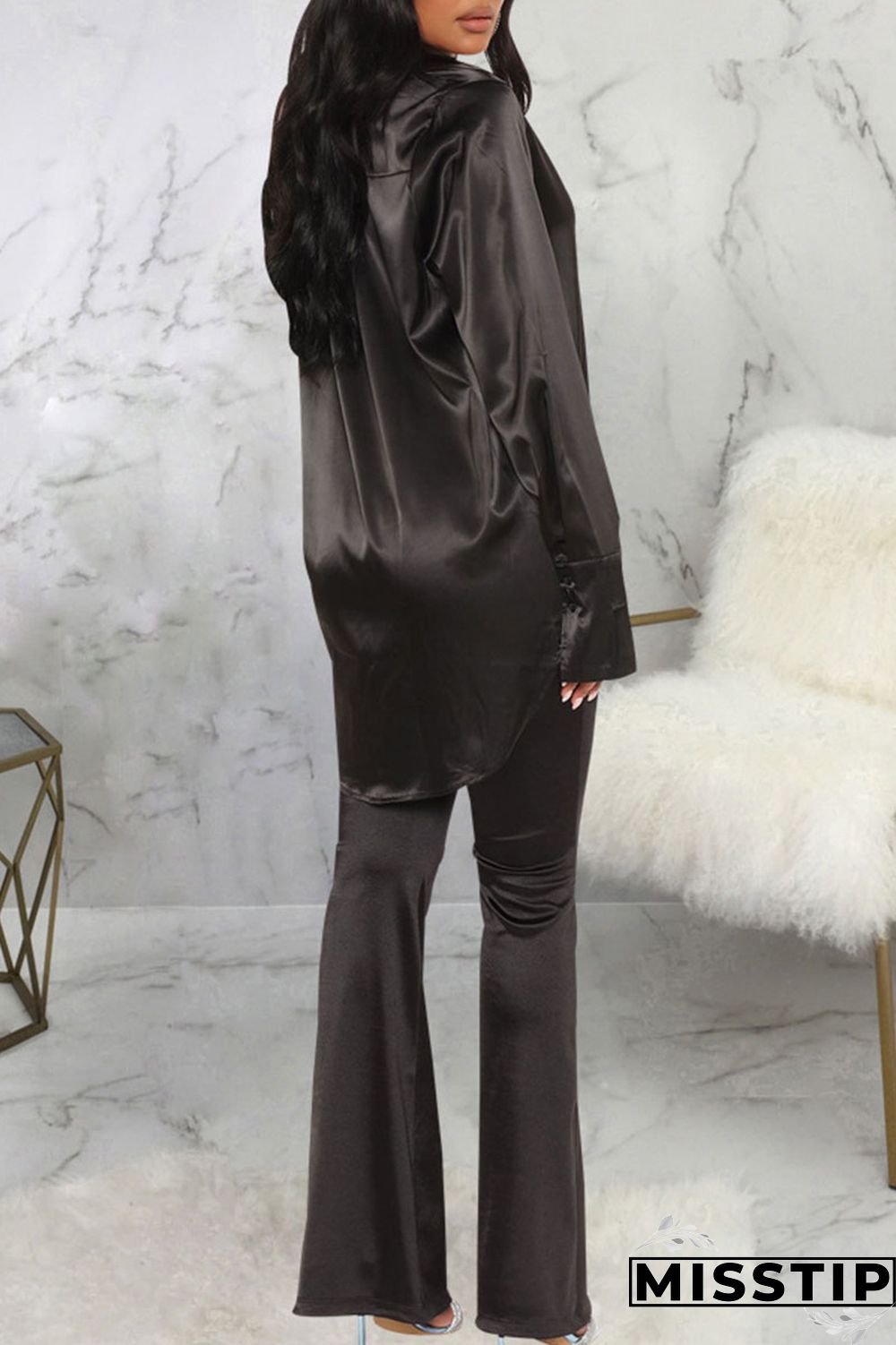 Black Casual Solid Patchwork Buckle Turndown Collar Tops