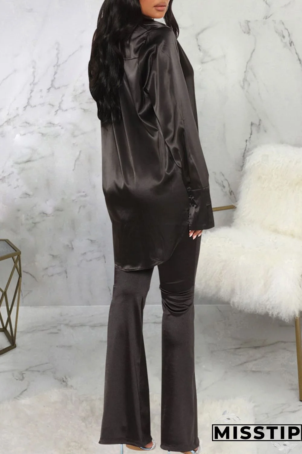 Black Casual Solid Patchwork Buckle Turndown Collar Tops