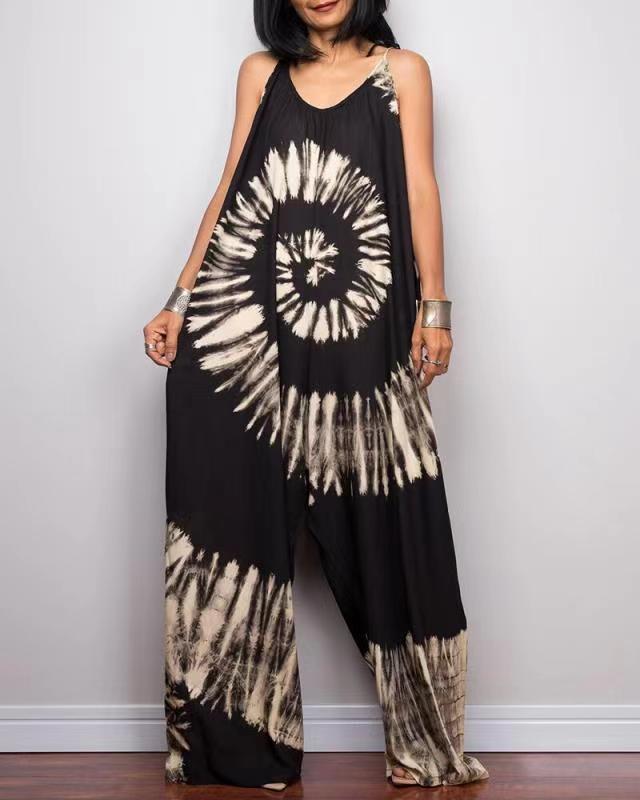 Rotimia Tie-dye Printed Wide-leg Lace-up Loose Jumpsuit