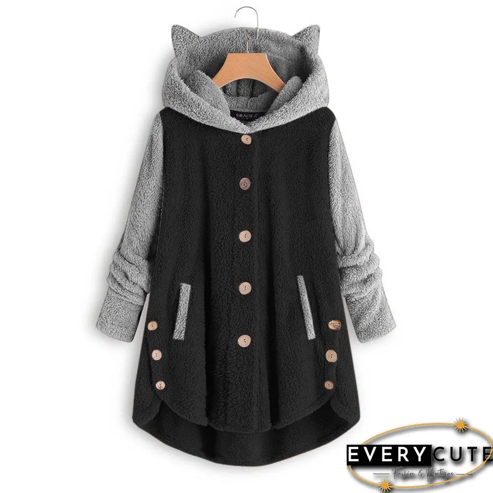 Autumn And Winter Button Hooded Cat Ears Plush Top Irregular Color Matching Coat Women