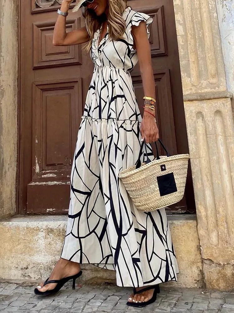 Geometric Print V-Neck Ruffled Hem Maxi Dress