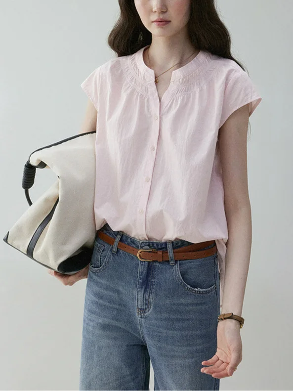 Athvotar Athvotar Round Collar Small Flying Sleeve Commuting Shirt Women 25 Summer French Loose Pressure Fold Design Sense Casual Good-Looking Top