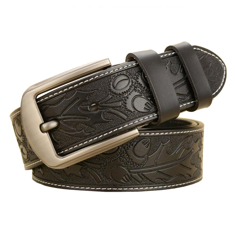 Western Leaves Embossed Leather Men Belt Fashion Jeans Pants Black Cofee Men Belt