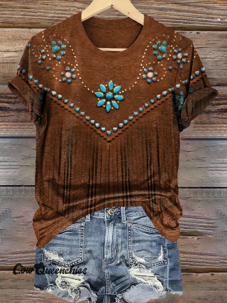 Retro Nostalgic Turquoise Flower Printed Crew Neck T-Shirt Brown / S