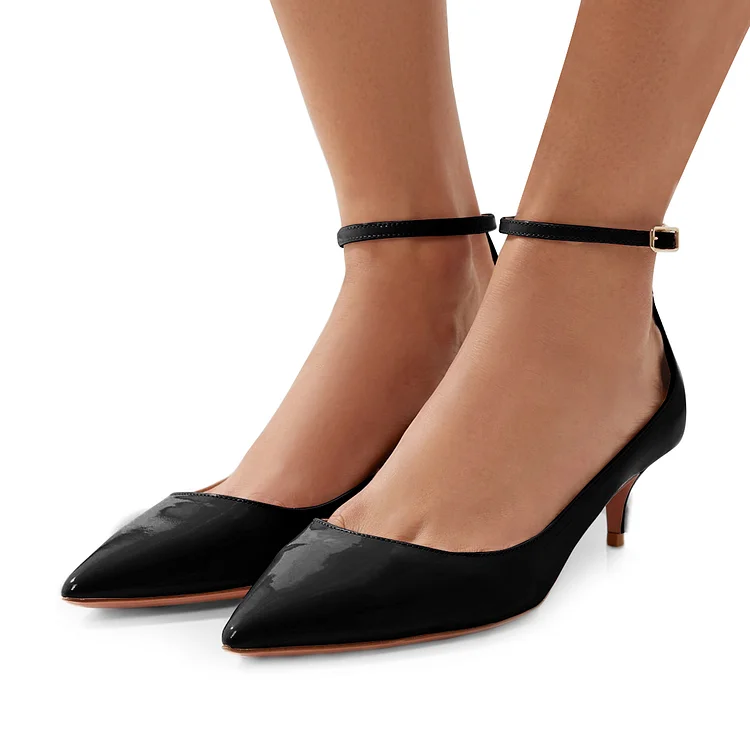 Women's Black Patent Leather Pointed Toe Ankle Strap Kitten Heels Shoes |FSJ Shoes