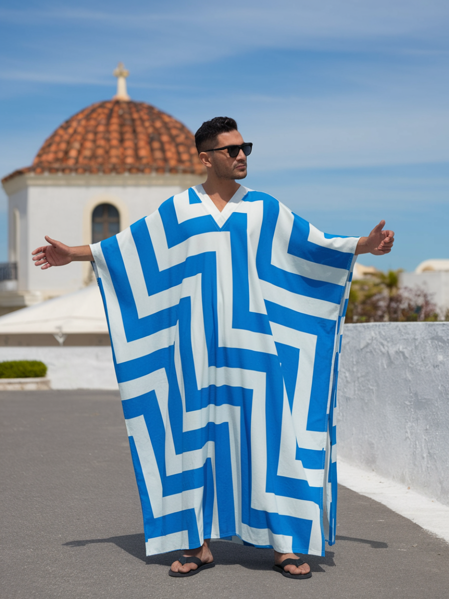 Men's Blue Curved Polyester V-Neck Kaftan